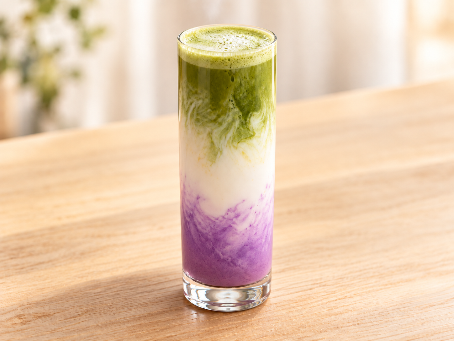 Vysoký pohár vrstveného ube matcha latte